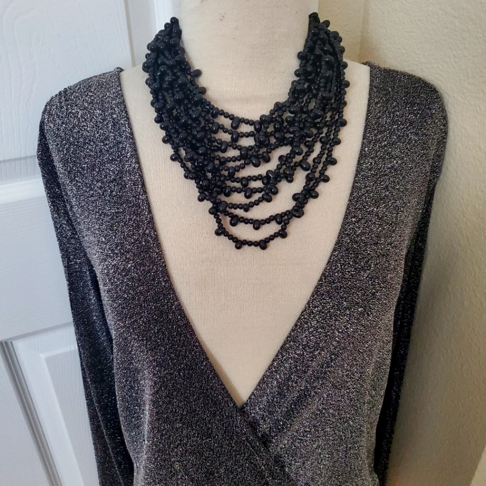 Silver Shimmer Long Sleeve V Neck Bodysuit Women's Size Medium